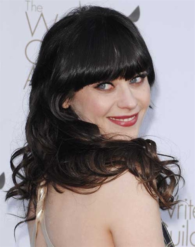 Long Hairstyles with Bangs Zooey Deschanel  The heavy bangs that go to just above the eyes really dress actress Zooey Deschanel.